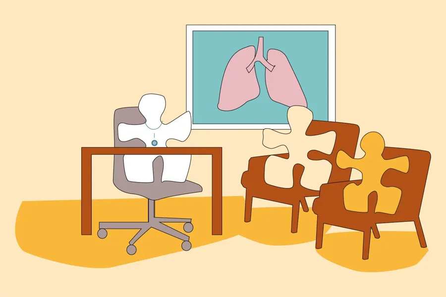 Diagram av tre stoler, figurer og en lungetegning