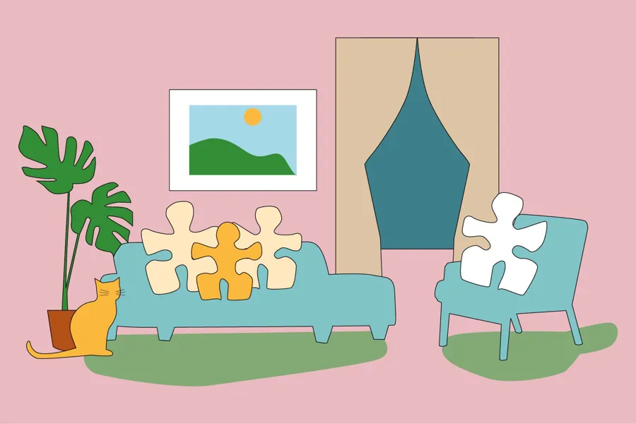 Ein illustrasjon som viser møbler i ei stue og menneskefigurar