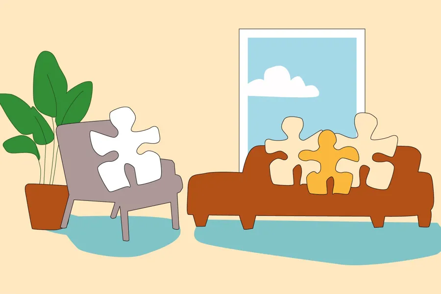 Illustrasjon av menneskefigurer i et rom